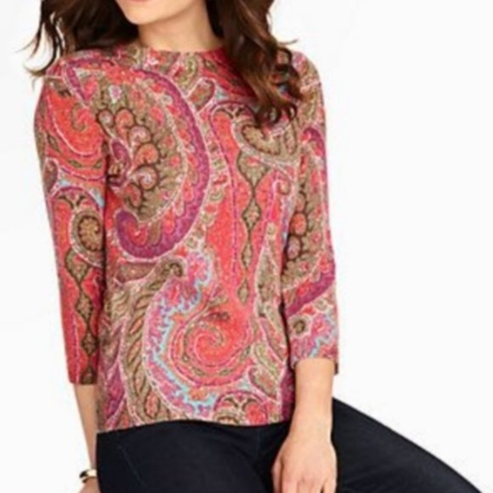 Talbots Audrey 100% Cashmere Paisley Print 3/4 Sleeve Sweater XS Red Mul…